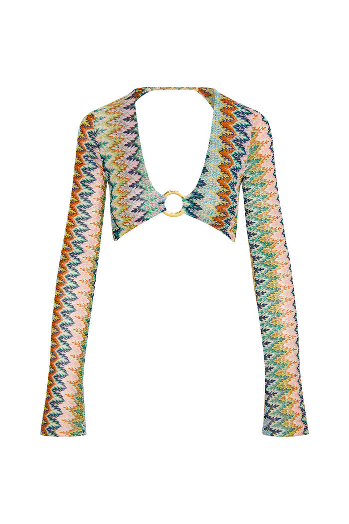 Front flat lay of Montego Crop Top showcasing deep V neckline with gold ring and multicolor zigzag knit on white background