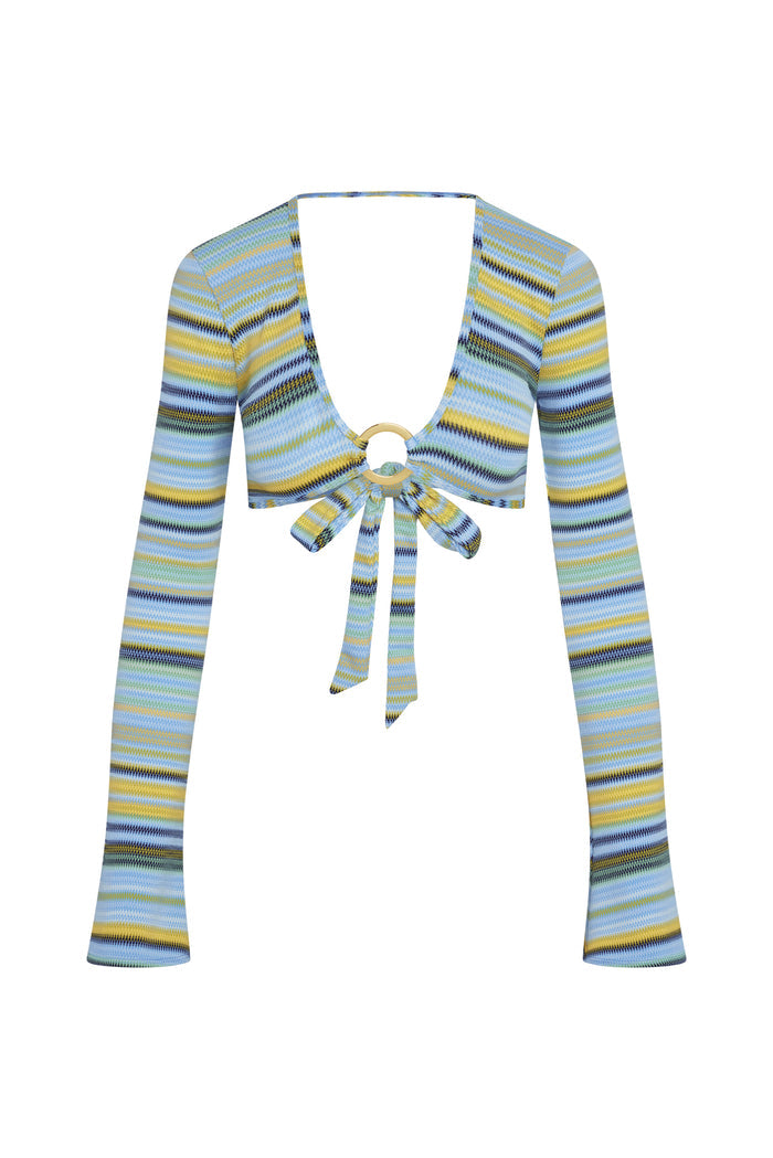 Front view of Montego Crop Top Sardinia Stripe Azure showing deep scoop neckline with gold center ring, long sleeves and cropped tie front