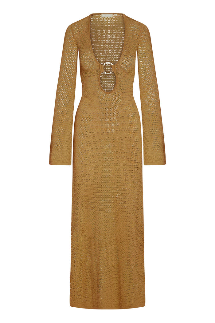 Front of Montego dress in antique gold crochet with long sleeves and deep V neckline with ring detail on white background