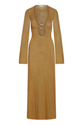 Front of Montego dress in antique gold crochet with long sleeves and deep V neckline with ring detail on white background