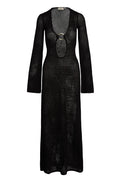 Black crochet maxi dress with long sleeves, plunging keyhole and circular buckle; neck label "MONDAY".
