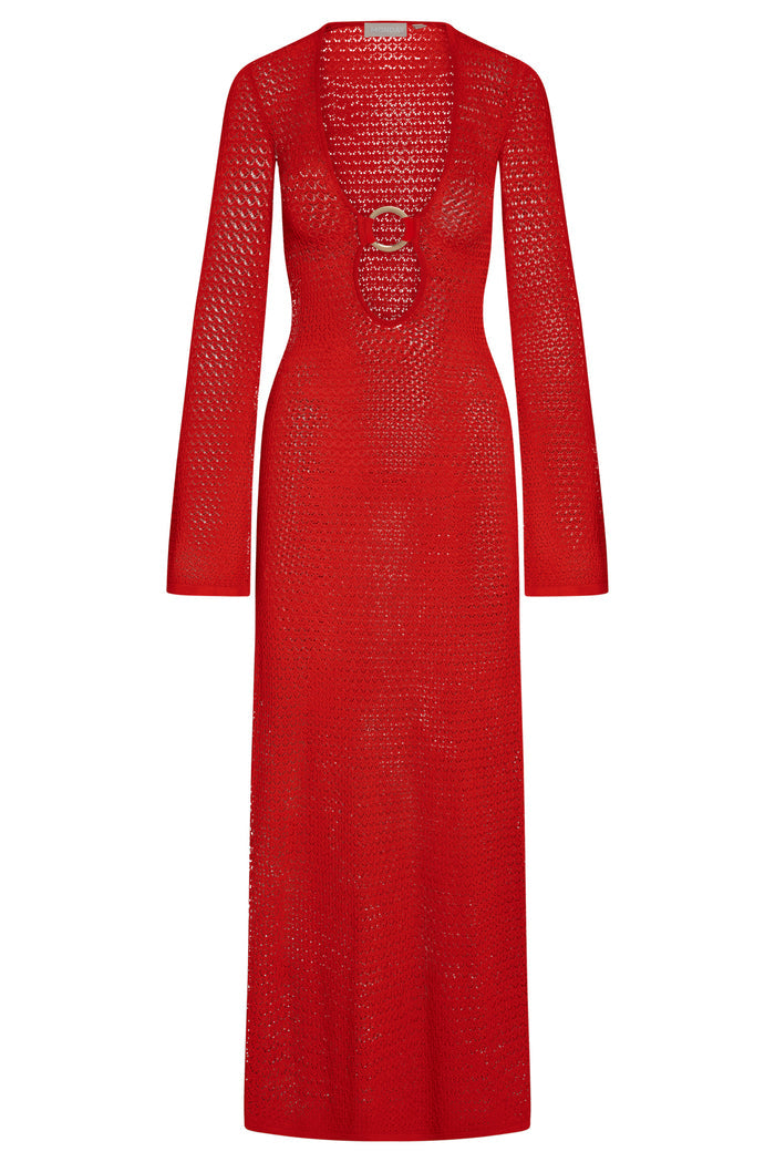Front view of Montego Dress in Chili Pepper lace crochet showcasing plunging V-neck with gold center ring, bell sleeves and sheer lurex knit on white background