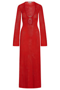 Front view of Montego Dress in Chili Pepper lace crochet showcasing plunging V-neck with gold center ring, bell sleeves and sheer lurex knit on white background
