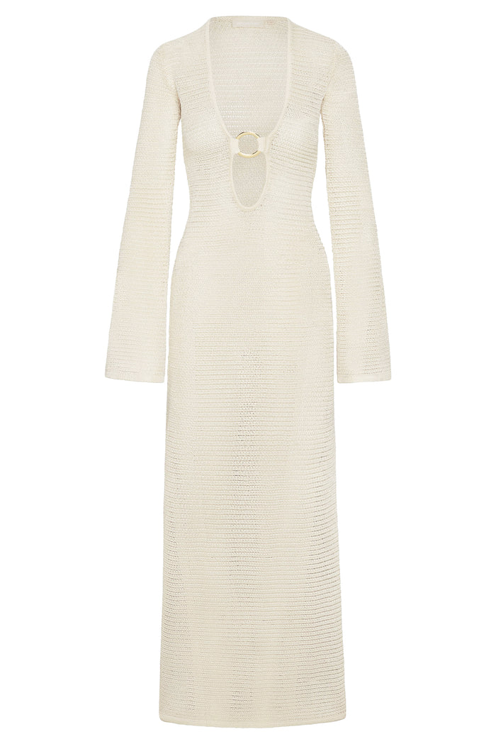 Front view of Montego Dress in ivory knit showcasing deep V with gold O-ring and long bell sleeves on white background