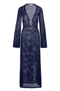 Navy open-knit long-sleeve maxi dress with deep V-neck and front ring detail; garment label reads 'MONDAY'.