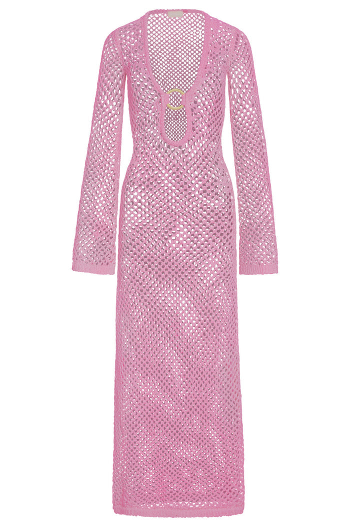 Front of Montego Dress in Moonlight pink crochet showing open-knit fabric, long sleeves and deep V with gold ring on white