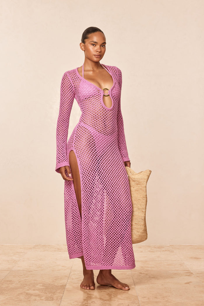 Front view of Montego Dress in Moonlight petit crochet on model, showing open-knit crochet, ring keyhole and high side slit against a neutral studio background