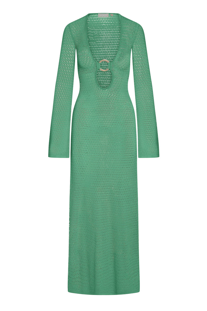 Front view of Montego Dress in pond green crochet, deep V neckline with ring cutout and long sleeves on white