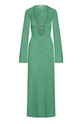 Front view of Montego Dress in pond green crochet, deep V neckline with ring cutout and long sleeves on white