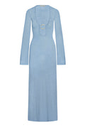 Front view of Montego Dress in sky lace crochet with long sleeves, plunging neckline and ring detail on white background