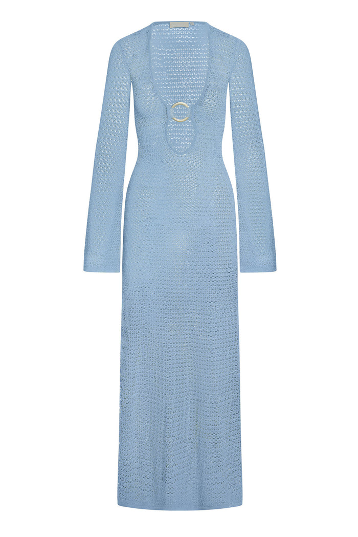 Front view of Montego Dress in sky lace crochet with long sleeves, plunging neckline and ring detail on white background