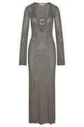 Front view of Montego Dress in steel treble knit with plunging neckline, center front gold ring, long flared sleeves on white