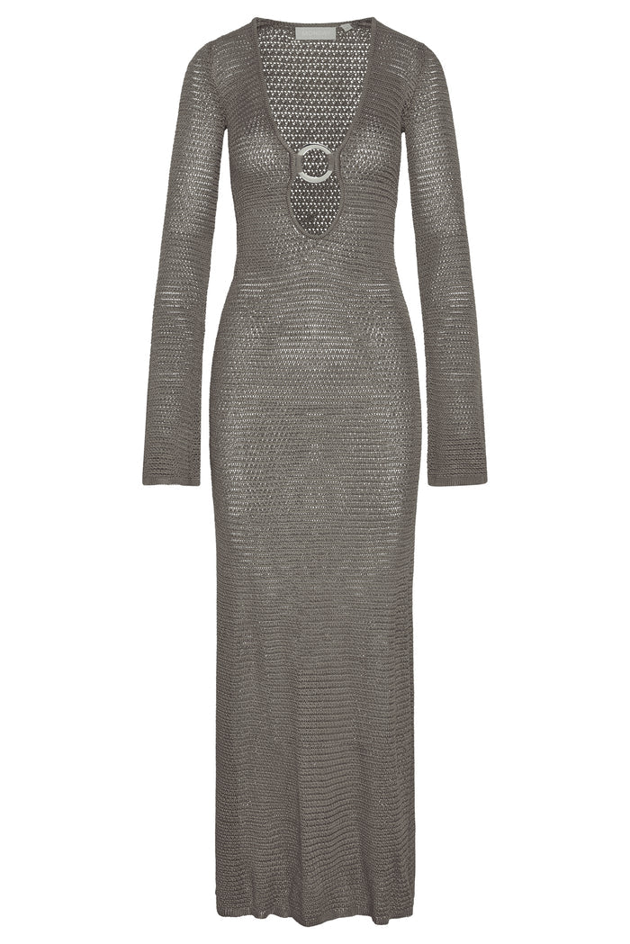 Front view of Montego Dress in steel treble knit with plunging neckline, center front gold ring, long flared sleeves on white