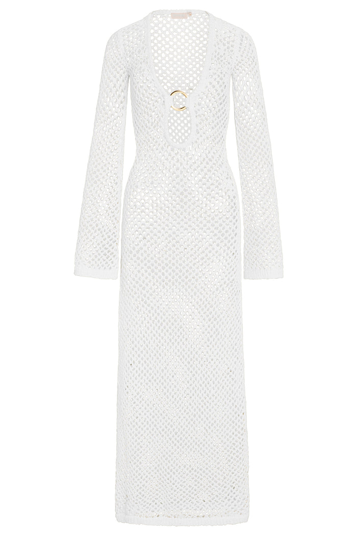 Front view of Montego dress, white crochet open-knit with plunging neckline and double gold ring, long sleeves on white