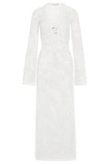 Front view of Montego dress, white crochet open-knit with plunging neckline and double gold ring, long sleeves on white