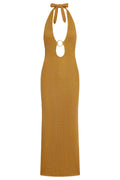 Front of Montego Halter Dress with adjustable halter tie, gold ring keyhole, lurex crochet texture on white background