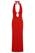 Front view of Montego Halter Dress in Chili Pepper lace crochet, halter neckline with gold ring keyhole and fitted silhouette