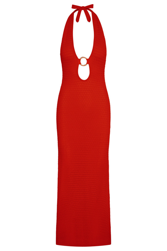 Front view of Montego Halter Dress in Chili Pepper lace crochet, halter neckline with gold ring keyhole and fitted silhouette