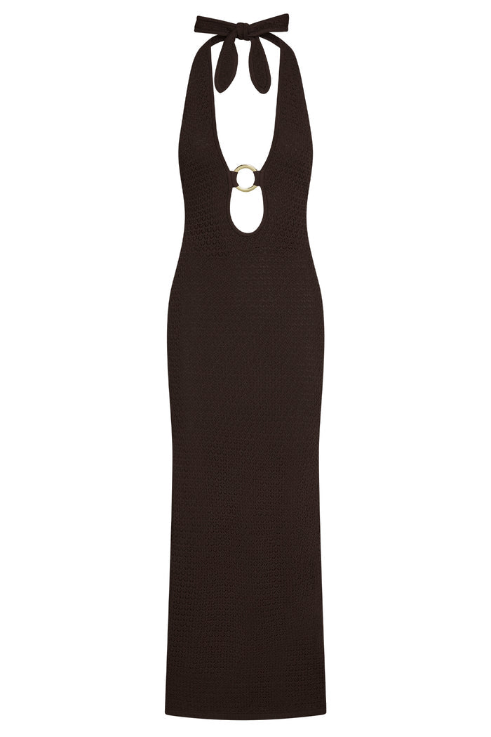 Front of Montego Halter Dress showing espresso lace crochet halter tie with gold ring keyhole on white background