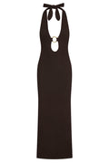 Front of Montego Halter Dress showing espresso lace crochet halter tie with gold ring keyhole on white background