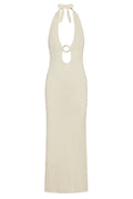 Front view of Montego halter dress, ivory lace crochet, halter neck with ring keyhole and fitted skirt on white