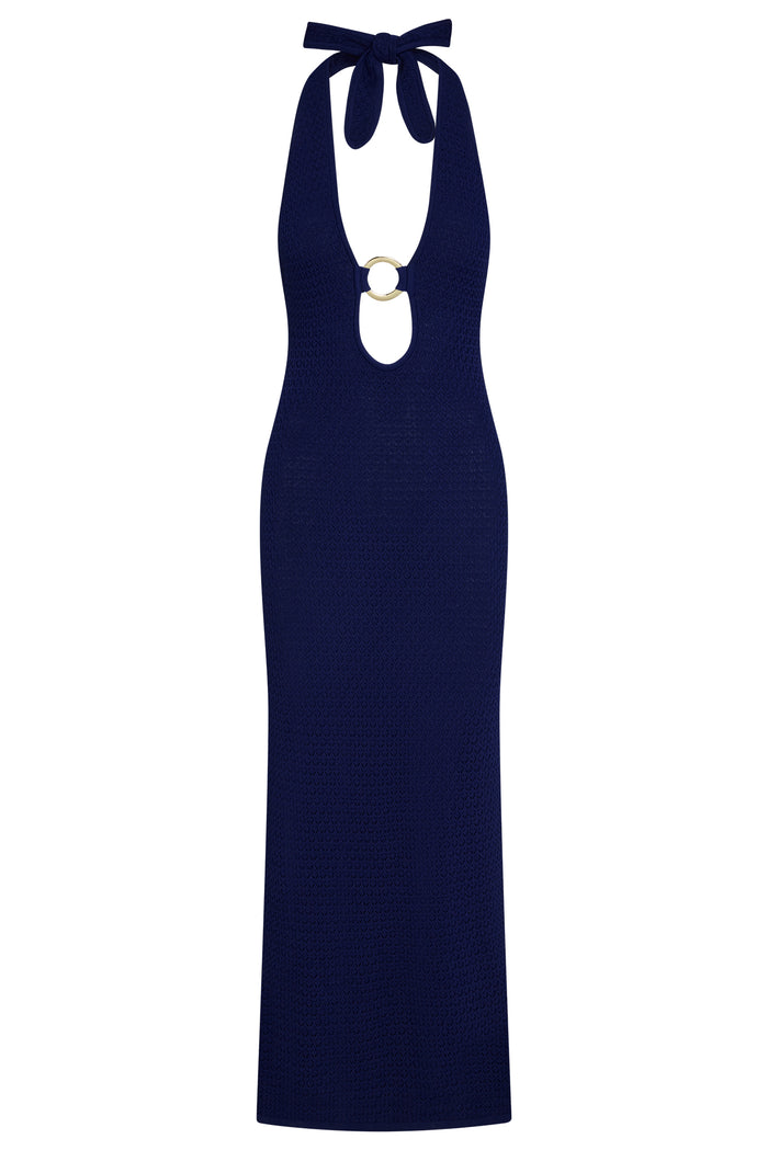 Front view of Montego Halter Dress in midnight lace crochet showcasing halter tie, front keyhole with gold ring on white background