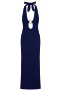 Front view of Montego Halter Dress in midnight lace crochet showcasing halter tie, front keyhole with gold ring on white background