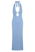 Front view of Montego Halter Dress in sky lace crochet with halter tie, gold ring keyhole and fitted long shape