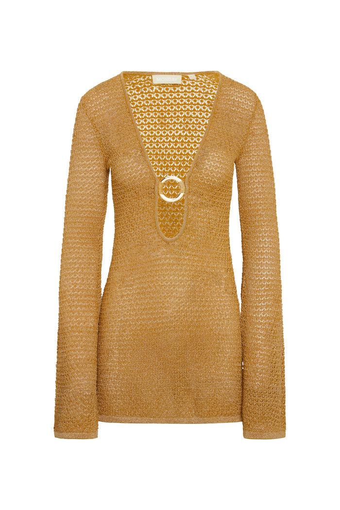 Front of Montego Mini Dress in antique gold showing deep scoop neckline with gold ring, long sleeves on white background