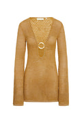 Front of Montego Mini Dress in antique gold showing deep scoop neckline with gold ring, long sleeves on white background