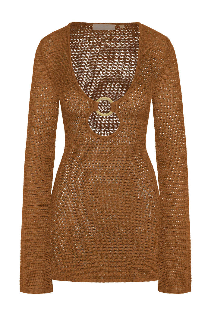 Front view of Montego Mini Dress in caramel treble knit showing deep V-neck with gold ring cutout and open crochet texture on white background