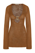 Front view of Montego Mini Dress in caramel treble knit showing deep V-neck with gold ring cutout and open crochet texture on white background
