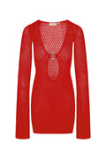 Front view of Montego Mini Dress in chili pepper lace crochet with plunging neckline and gold ring cutout, bell sleeves