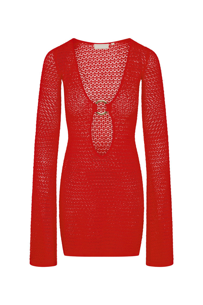Front view of Montego Mini Dress in chili pepper lace crochet with plunging neckline and gold ring cutout, bell sleeves