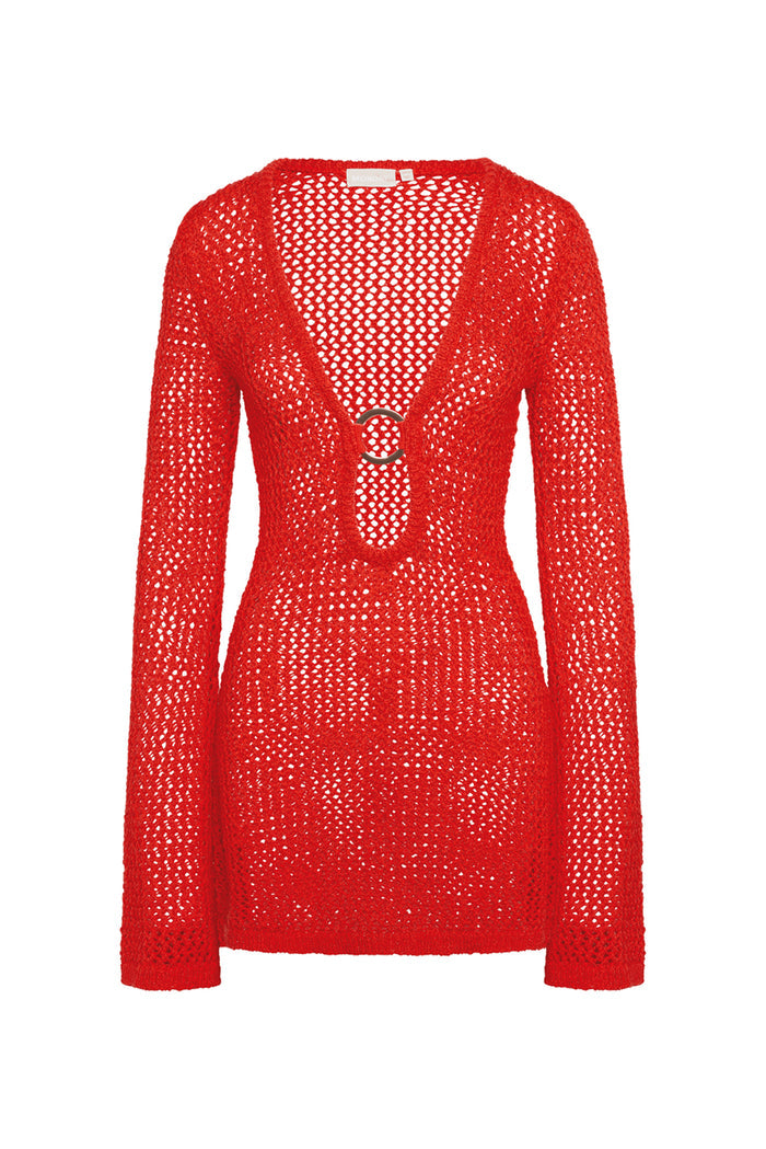 Front view of Montego Mini Dress in Chili Pepper showing petit crochet open-knit, plunging neckline with center gold ring and long sleeves on white background