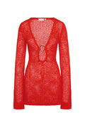 Front view of Montego Mini Dress in Chili Pepper showing petit crochet open-knit, plunging neckline with center gold ring and long sleeves on white background