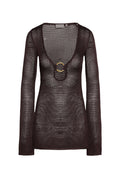 Front view of Montego Mini Dress in espresso treble knit showing deep scoop neckline with gold ring and long sleeves on white