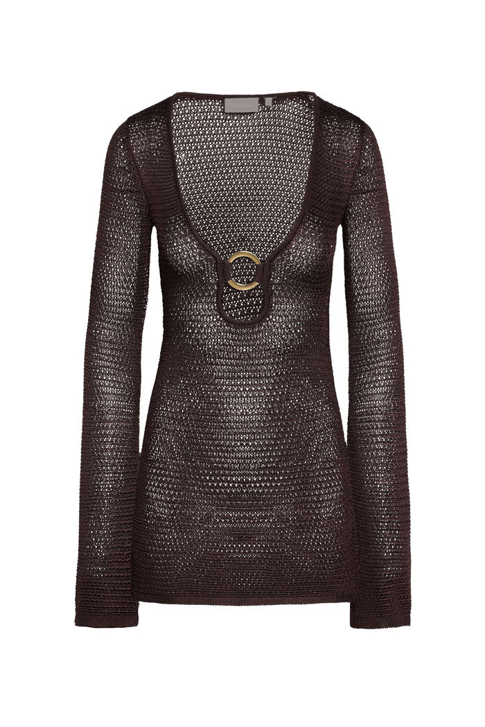Front view of Montego Mini Dress in espresso treble knit showing deep scoop neckline with gold ring and long sleeves on white