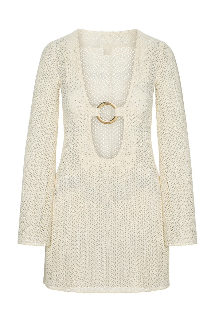 Front view of Montego Mini Dress in ivory crochet with deep scoop neckline and gold ring, long bell sleeves on white background