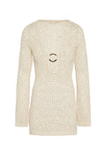 Beige open-knit long-sleeve mini dress with deep V neckline and central gold O-ring; label reads MONDAY.