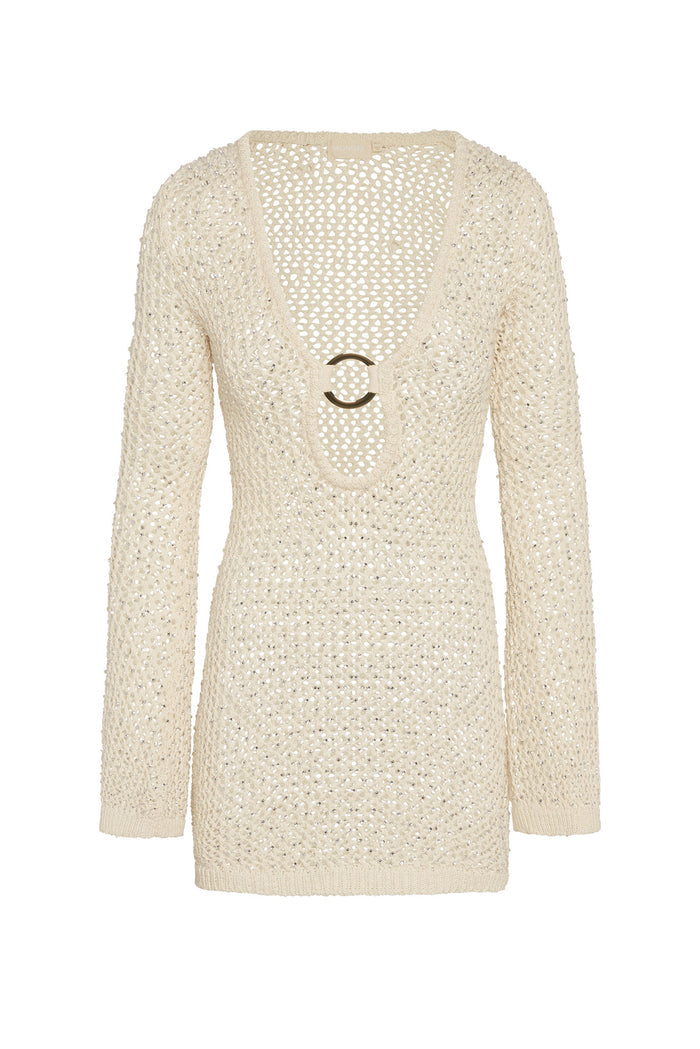 Beige open-knit long-sleeve mini dress with deep V neckline and central gold O-ring; label reads MONDAY.