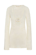Front view of Montego Mini Dress in ivory with deep V neckline, gold ring cutout and open knit long sleeves on white background