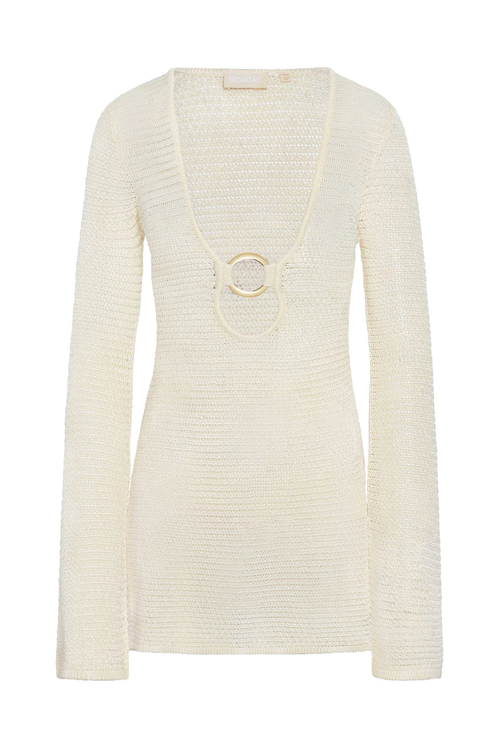 Front view of Montego Mini Dress in ivory with deep V neckline, gold ring cutout and open knit long sleeves on white background