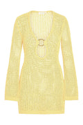 Front of Montego Mini Dress Meyer Petit Crochet, yellow open knit mini with plunging neckline, center gold ring, long sleeves