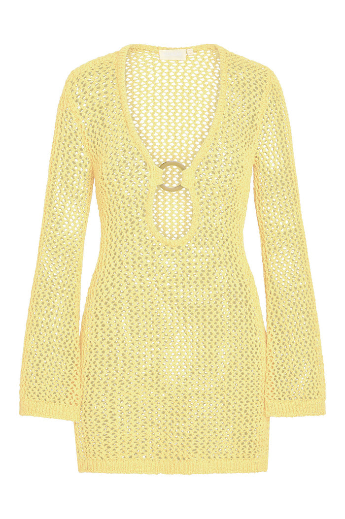 Front of Montego Mini Dress Meyer Petit Crochet, yellow open knit mini with plunging neckline, center gold ring, long sleeves