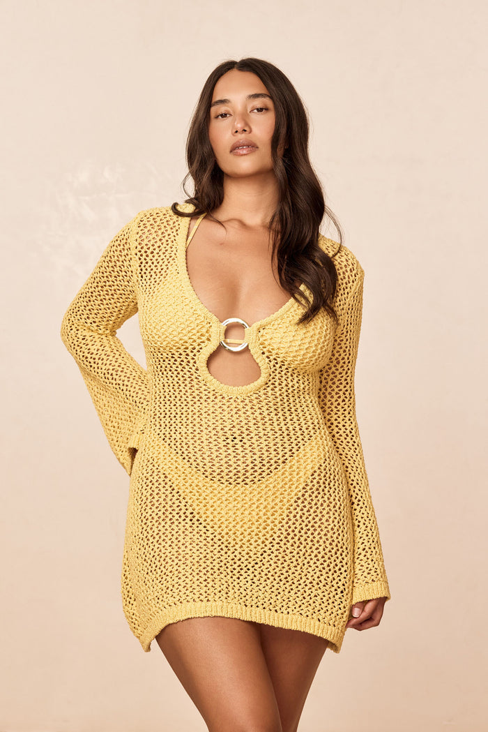 Front view of Montego Mini Dress Meyer Petit Crochet showing plunging neckline with gold ring and sheer yellow crochet