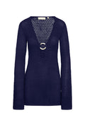 Front view of Montego Mini Dress in midnight open-knit crochet showcasing deep V-neck with gold circular buckle on white background