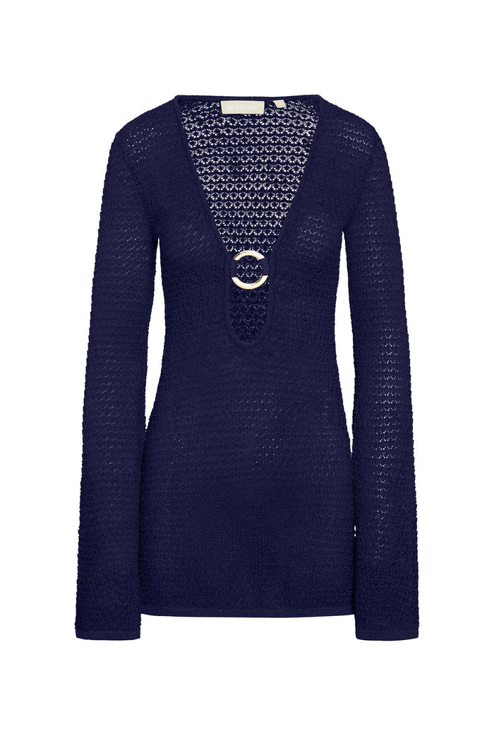 Front view of Montego Mini Dress in midnight open-knit crochet showcasing deep V-neck with gold circular buckle on white background