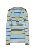 Front of Montego Mini Dress (Sardinia Stripe Azure) with plunging V and gold ring, long bell sleeves, striped knit