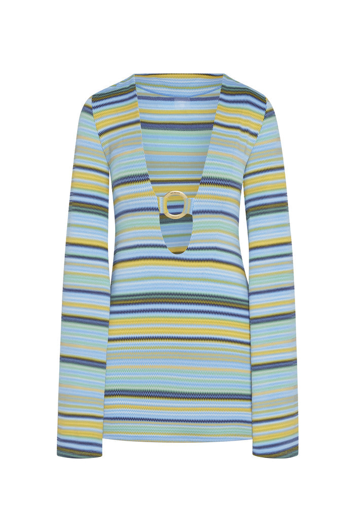 Front of Montego Mini Dress (Sardinia Stripe Azure) with plunging V and gold ring, long bell sleeves, striped knit